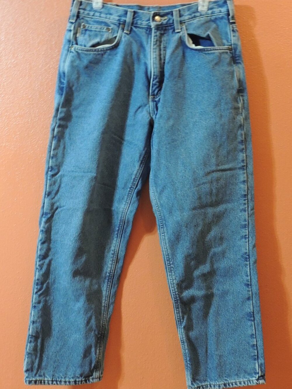 Carhartt Work Wear Jeans Men 33x30 Pockets Flannel Lined Denim Blue Work Jeans